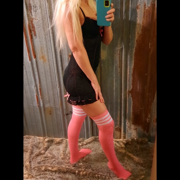 Neon Pink Rhinestone Thigh High Socks - Picture 4 of 17